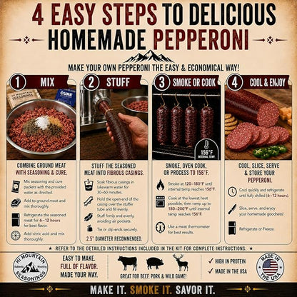 Hi Mountain PEPPERONI Sausage Kit | Complete sausage-making kit with seasoning, cure & 10 casings. Beef, pork, venison, deer, elk. Makes up to 30 lbs