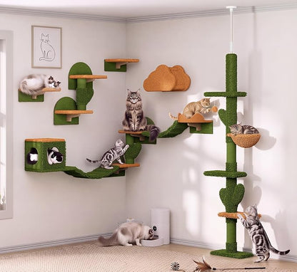 Cactus Floor to Ceiling Cat Tower, 14-in-1 Cat Wall Shelves, Green | Cats Tree with Adjustable Height(87-104 IN), Cat Climbing Wall Furniture Set for 16 Inch Drywall, with Scratching Post, Cloud