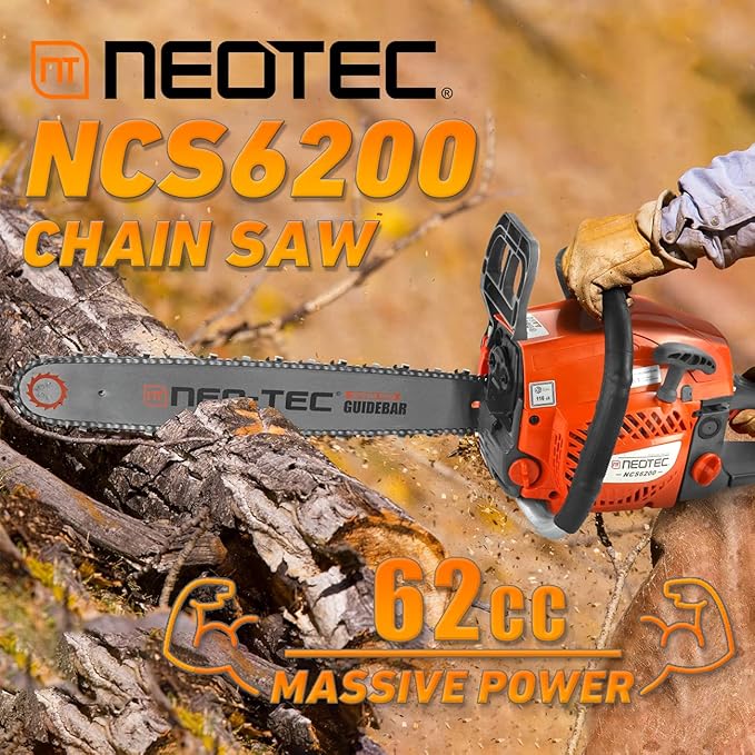 NEO-TEC 20 Inch Chainsaw, 62CC Power Chain Saws Gas Powered 2 Stroke Handed Petrol Gasoline Chain Saw for Cutting Wood Outdoor Garden