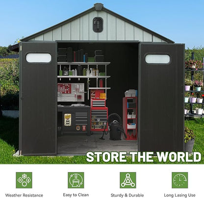 8X8FT Outdoor Resin Storage Shed, Waterproof Plastic Garden Shed with Lockable Door, Windows & Vents, Outside Storage Tool Shed for Patio Furniture, Lawn Mower, Bike