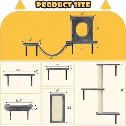 12-in-1 Cat Wall Shelves, Wall Mounted Cat Climber with Condo House, Scratching Post, Bridge Ladder, Space-Saving Indoor Play Furniture for Kittens, Dark Gray
