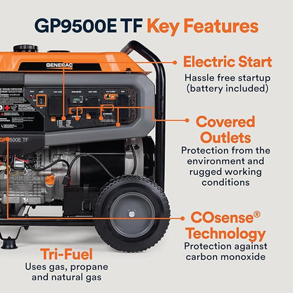 Generac 12,500 Starting Watt Tri-Fuel Portable Generator - Electric Start - Gas, Propane or Natural Gas - Home Backup, Jobsite, or RV - Quiet Operation - Long Runtime - 50-State Compliant