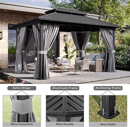 Aoxun 10' X 14' Hardtop Gazebo, Aluminum Metal Outdoor Gazebo with Galvanized Steel Double Roof, Permanent Patio Pavilion with Breathable Netting and Curtains for Dining, Wedding, Party