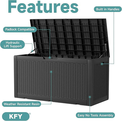 deck box,100-gallon indoor and outdoor storage box made of waterproof and sun-resistant resin material, meeting storage needs for the living room, patio, swimming pool, and toolshed（black）