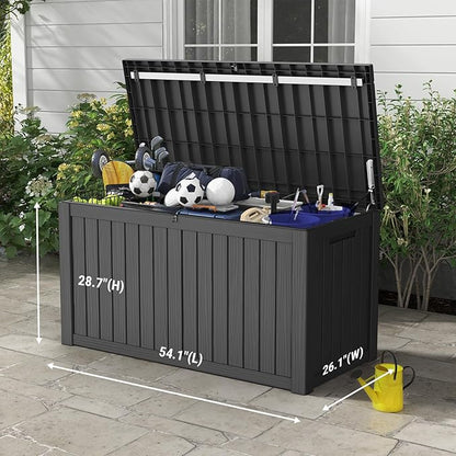 Mars Villa 150 Gallon Outdoor Storage Box Waterproof, Large Resin Deck Box for Outdoor Patio Furniture Cushions, Pool Supplies, Garden Tools, with Hydraulic Hinge, UV-Resistant and Weatherproof, Black