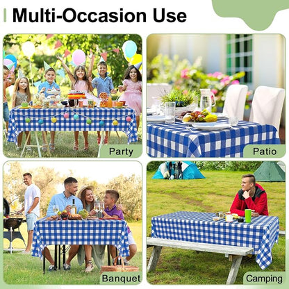 10 Packs Buffalo Disposable Table Cloth, 54 x 108 Inch Waterproof Plastic Tablecloth, Rectangle Blue and White Checkered Table Covers for Picnic, Birthday, Party, Back to School