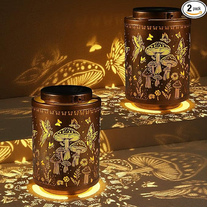 2 Pack Solar Lanterns Outdoor Waterproof Garden Decor Gifts for Women Mon Grandma Metal Hanging Solar Lights Decoration for Outside LED Lanterns for Yard Patio Lawn(Mushroom)