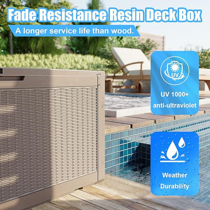 ROJIK Outdoor Storage Housing Deck Box - Waterproof Patio Furniture, Garden Tools, Cushions, Pool Accessories Storage Bench with Lockable Lid and Side Handles (Grey 100 Gal)
