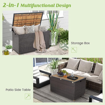 HAPPYGRILL 134 Gallon Rattan Deck Box, Patio Wicker Storage Box with Zippered Liner, Solid Acacia Wood Top & Feet, Effort-Saving Pneumatic Rod, Outdoor Storage Container for Porch Backyard