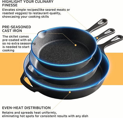 EWFEN Cast Iron Skillet 10 Inch, Pre-Seasoned Frying Pan, Heavy-Duty Professional Restaurant Chef Quality Cookware with Drip Spout, Indoor & Outdoor Use, Compatible with Oven, Stove, Grill & Campfire