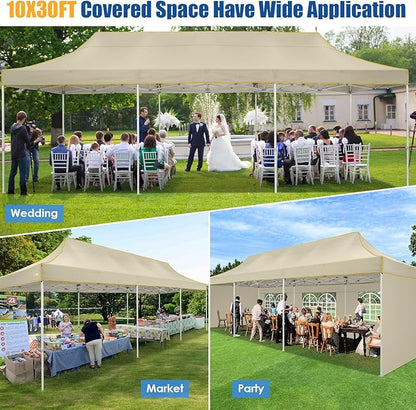 HOTEEL 10x30 Pop up Canopy Tent for Parties, Heavy Duty Easy Setup Tent with 5 Sidewalls, Outdoor Commercial Instant Gazebo for Wedding Event, with Roller Bag & Sand Bags, Khaki(Hexagonal Frame)