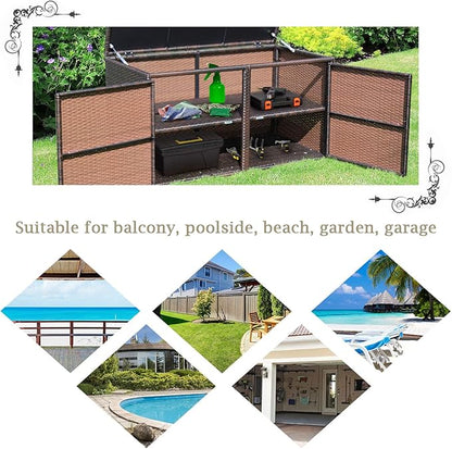Tangkula Outdoor Wicker Storage Box, Garden Deck Bin with Steel Frame, Rattan Storage Box with Lid, Ideal for Storing Tools, Accessories, 88 Gallon Capacity (Brown)