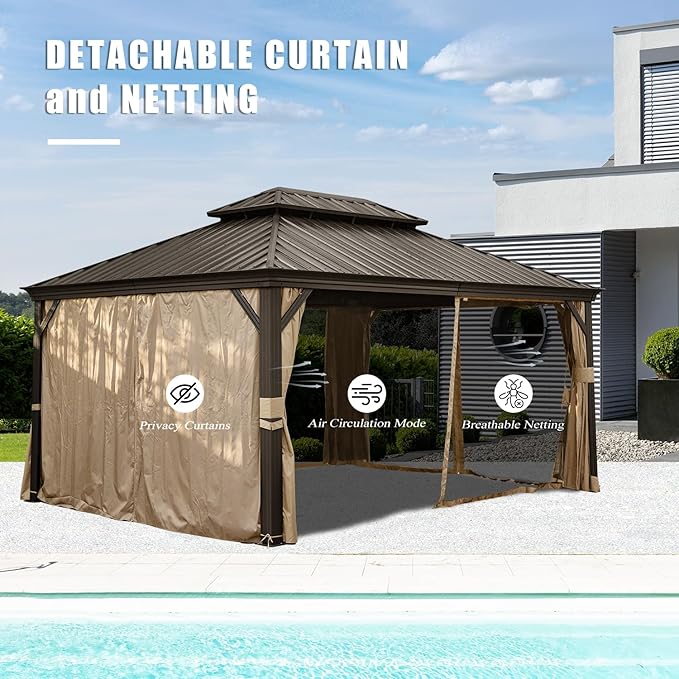 Domi 12'x14' Hardtop Gazebo with Gutters, Outdoor Aluminum Frame Canopy with Galvanized Steel Double Roof, Outdoor Permanent Metal Pavilion with Curtains and Netting for Patio, Backyard and Lawn