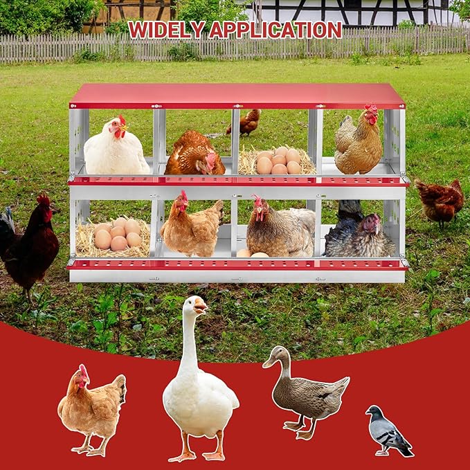 Metal Chicken Nesting Boxes - 8 Hole Wall-Mountable Laying Boxes with Roll-Away Egg Collection, Weatherproof Galvanized Steel, for Chicken Coop, Red