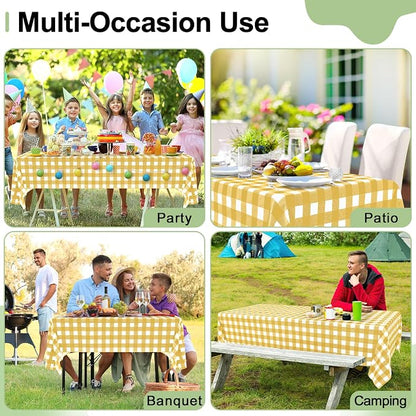 4 Packs Buffalo Disposable Table Cloth, 54 x 108 Inch Waterproof Plastic Tablecloth, Rectangle Gold and White Checkered Table Covers for Picnic, Birthday, Party, Back to School
