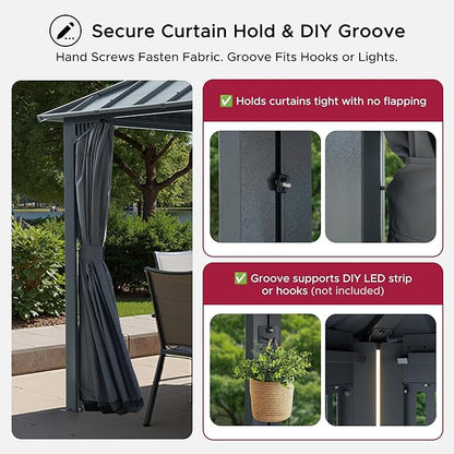 SUNJOY Kingston 14' x 12' Hardtop Gazebo with Galvanized Steel Double Roof, Curtain and Netting, Gray Aluminum Posts Permanent Pavilion Gazebo for Garden, Patio, Deck, Lawn