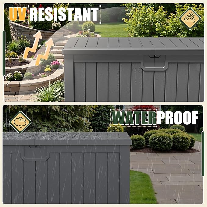 JUMMICO 250 Gallon Outdoor Resin Deck Box with Divider, Waterproof Storage Box with Lockable Lid&Side Handles for Garden Tools, Pools Supplies (Gray)