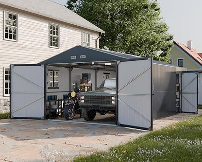 Metal Garage Shed for Car with Floor Kit, 13x20x8.5' Large Outdoor Storage Building and Workshop, Weatherproof Steel Carport with Ultra-Reinforced Truss System, Skylights & Dual-Entry
