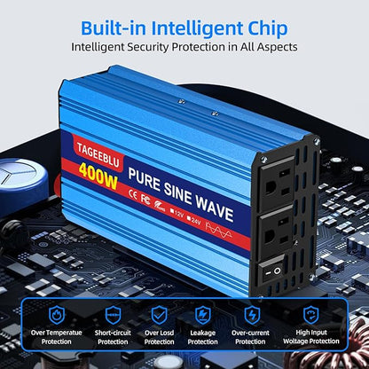 400W Pure Sine Wave Inverter, 12V DC to 110V/120V AC Car Power Inverter with 2 AC outlets and LCD Display