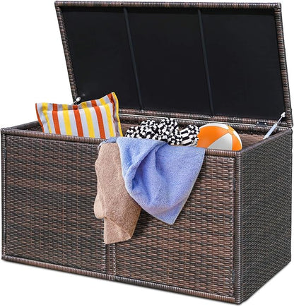 Tangkula Outdoor Wicker Storage Box, Garden Deck Bin with Steel Frame, Rattan Storage Box with Lid, Ideal for Storing Tools, Accessories, 88 Gallon Capacity (Brown)