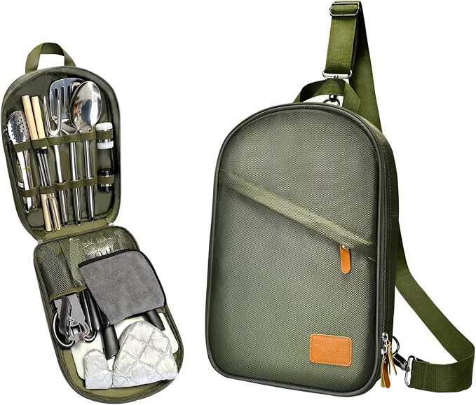 Camping Cooking Utensils Set - Camping Utensil Set Car Camping Cooking Essentials Gear for Camp Kitchen Cooking and Grilling, Stainless Steel & Silicone Ideal Gift for RV Tent Camper