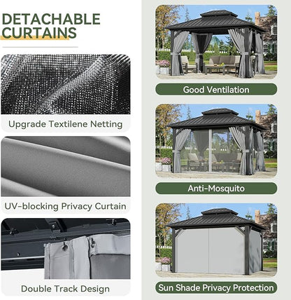 Aoxun 12'x10' Hardtop Gazebo, Aluminum Frame Permanent Pavilion with Curtains and Netting, Outdoor Galvanized Double Roof Canopy, Designed for Garden, Lawns, Patio, with Ground Nails