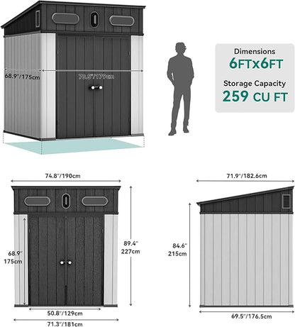 YITAHOME 6x6 FT Outdoor Storage Shed, All-Weather Resin Garden Shed with Windows, Vents and Lockable Double Doors for Garden Tools, Bikes, and Sundries, Waterproof，Gray