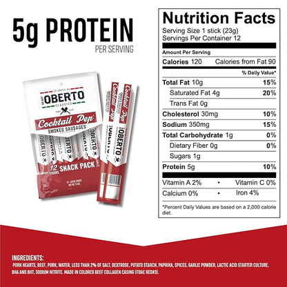 Oberto Classics Cocktail Pep Smoked Sausage, Oh Boy! Oberto Beef & Pork Sausage Meat Stick, Peperoni Style Protein Snacks, 0.8 Ounce (Pack of 12)
