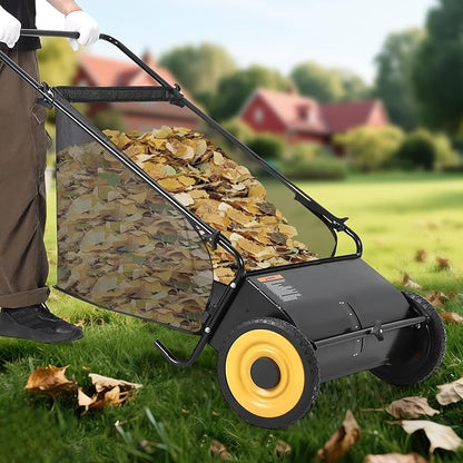 GAOMON 26-Inch Push Lawn Sweeper, Grass, Lawn and Leaf Cleanup Collector with Large 7 cu. ft. Hopper Bag, and Dual Spinning Brushes, Black