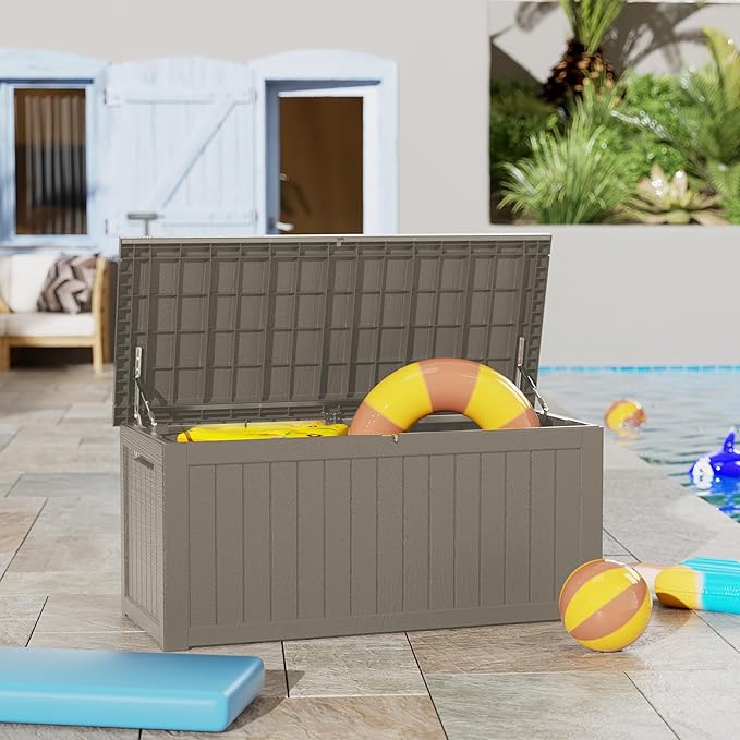 270 Gallon Waterproof Large Resin Deck Box Indoor/Outdoor Lockable Storage Container and Seating for Garden, Pool, and Patio (270 Gallon, Grey)