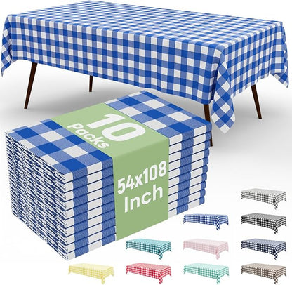 10 Packs Buffalo Disposable Table Cloth, 54 x 108 Inch Waterproof Plastic Tablecloth, Rectangle Blue and White Checkered Table Covers for Picnic, Birthday, Party, Back to School