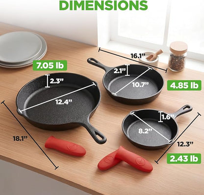 NutriChef 3pc Cast Iron Skillets - Pre-Seasoned Cast Iron Cookware with Drip Spout, Silicone Handles, For All Cooktops