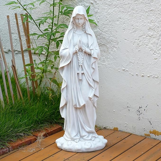 Virgin Mary Praying Statue 31.49 Inch Tall Outdoor Garden Religious Garden Statue Mary Statue Outdoor Yard Patio Deck Home Entryway Hallway Sculpture Magnesium Oxide Stone （White Virgin Mary）