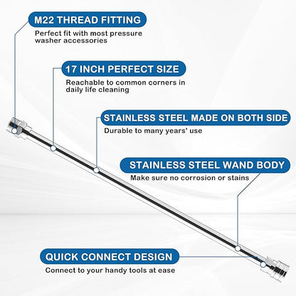 PWACCS Pressure Washer Wand Extension Kit — Dual Stainless Steel Power Washer Lance for Pressure Washing Accessories — M22 to 1/4" Quick Connect — 17 Inch Both