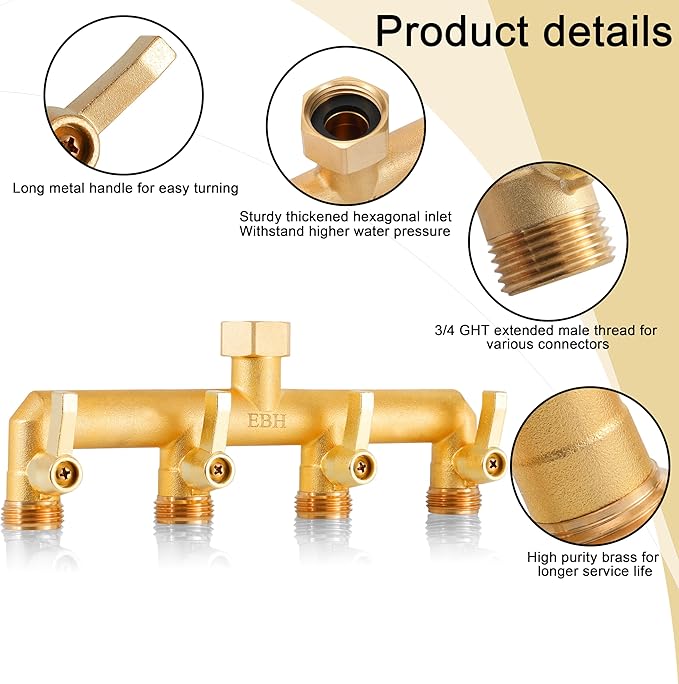 EBH Brass Garden Hose Splitter, 4-Way Heavy Duty Hose Splitter, Outdoor Faucet Manifold, with Extended Metal Handle and Individual On/Off Valve Spout, 3/4” GHT Threads
