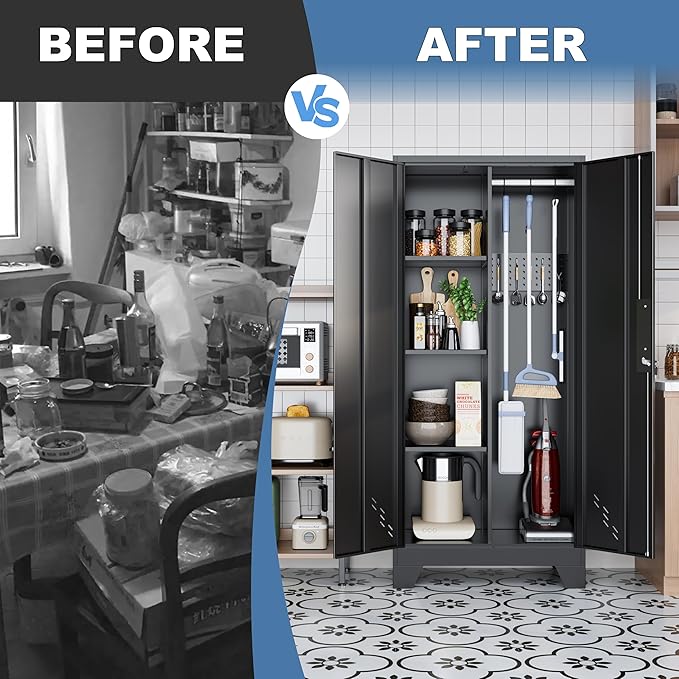 61" Broom Closet Storage Cabinet, Metal Storage Cabinet with Doors, Utility Cabinets for Brooms and Mops, Cleaning Tool Cabinets for Garage, Laundry Room, Bathroom
