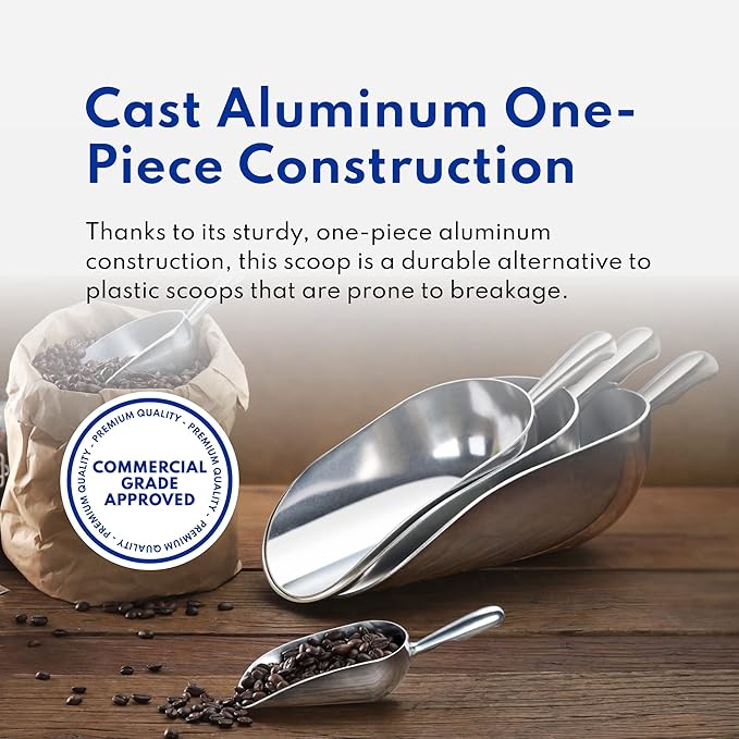 New Star Foodservice 34547 One-Piece Cast Aluminum Round Bottom Bar Ice Flour Utility Scoop, 24 -Ounce, Silver (Hand Wash Only)