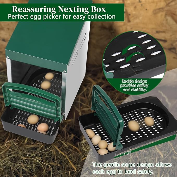 Chicken Nesting Boxes for Laying Eggs,Single Compartment Roll Out Nesting Box Plastic Heavy Duty Chicken Coop with Swing Perch,Hanging Chicken Cage Rolling Egg Collection for Hens, Ducks,Green