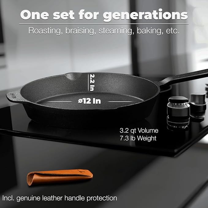 Classic Cast Iron Skillet 12 Inch | No PFAS I German-Engineered | Naturally Non-Stick Cast Iron Pan Set | Oven Safe Skillet | Cast Iron Cookware Set | 20-Year Refund I Steak Pan