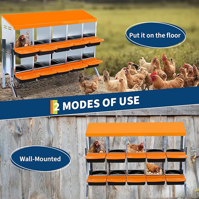 10-Compartments Chicken Nesting Boxes with Roll Out Egg Collection and Large Vented Holes,Metal Nesting Boxes for Chickens, Hens, Ducks,Wall Mount/Freestanding Poultry,Orange