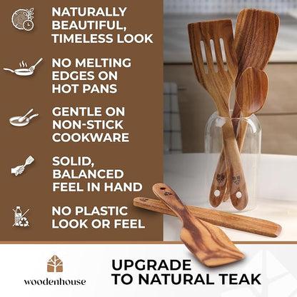 Wooden Spatula for Cooking, Teak Set of 6 for Non-Stick & Cast Iron | Includes Turner, Scraper, Slotted, Frying Tools, Jar Scraper & Spoonula – Scratch-Free, Easy to Clean