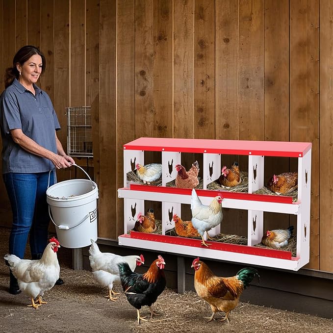 Chicken Nesting Boxes,8 Compartments Galvanized Steel Metal Laying Boxes,Pull-Out Egg Box Easy Egg Collection & Clean,Wall Mount Suitable for Farm Chicken House,Red
