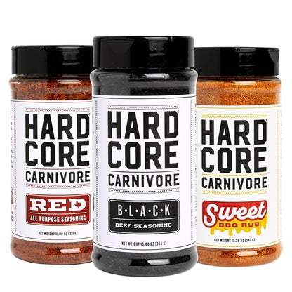 Hardcore Carnivore Texas BBQ Rub Gift Set, Best Sellers Collection, 3 Pack | Includes Black, Red and Sweet BBQ rubs. Gluten free with no MSG or artificial colors for grilling, smoking & cookouts.