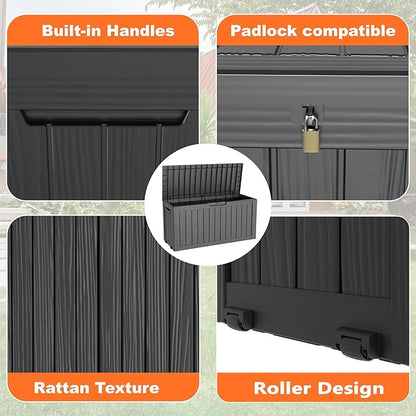 ROJIK Outdoor Storage Housing Deck Box - Waterproof Patio Furniture, Garden Tools, Cushions, Pool Accessories Storage Bench with Lockable Lid and Side Handles (Black 78 Gal)