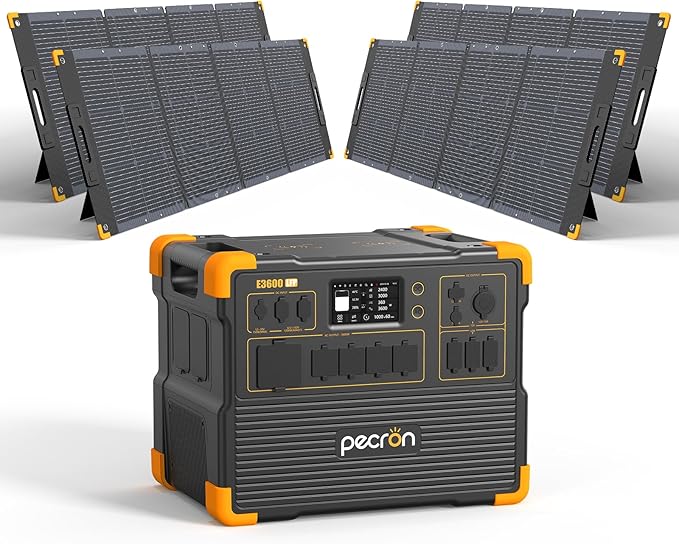 pecron Solar Generator E3600LFP 3072Wh with 4x300W Solar Panels, 5x3600W AC Outlets Portable Power Station, LiFePO4 Battery Backup Expanded to 15.36KWh, Power Station for Home Use, RV, Camping, CPAP