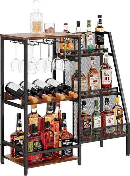 Versatile Liquor Stand for Home Bar, Wine Rack Freestanding Floor, Mini Bar Table for Liquor Whiskey Wine, 3-Tier Trapezoidal Liquor Bottle Display Shelf with Glass Holder and Fences(Patent Pending) | 3-Tier Display, 3 Glass Holder Rows, 4-Bottle Rack:...