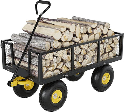 900 Lbs Garden Wagon, 2-in-1 Heavy-Duty Steel Garden Cart, with 10 Inch All-Terrain Tires and Removable Mesh Side Panels, 180° Rotating Handle, Metal Multi-Function Carts, Outdoor Gardens Wagon Cart