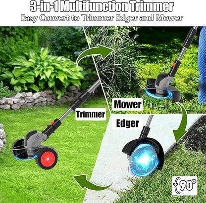 Electric Weed Wacker Cordless Eater Battery Powered Eater Lightweight Edger Portable Stringless Grass Trimmer/Lawn Mower/Brush Cutter, with 3 Types Blades & Wheels for Yard and Garden-Grey