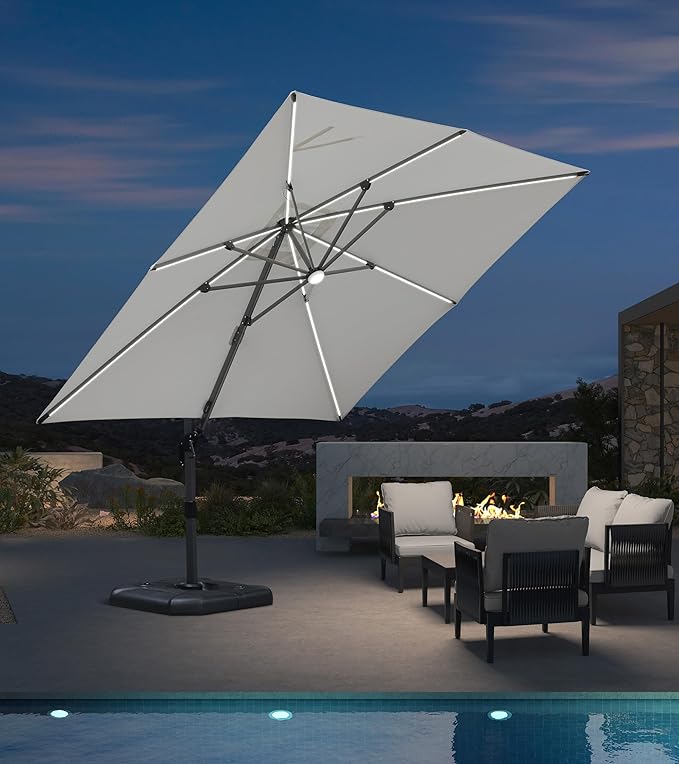 PURPLE LEAF 10 Feet Patio Umbrella Outdoor Cantilever Solar Powered LED Square Umbrella Aluminum Offset Umbrella with 360-degree Rotation for Garden Deck Pool Patio White