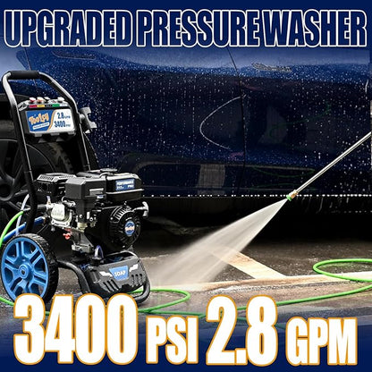 TOOLCY Gas Pressure Washer 3400 PSI & 2.8 GPM, High-Performance 212cc Engine, Reinforced Pump, 35FT Extended Power Hose, Kink-Less Swivel Gun with & 5 Nozzles, for Cars/Fences/Driveways/Homes/Patios